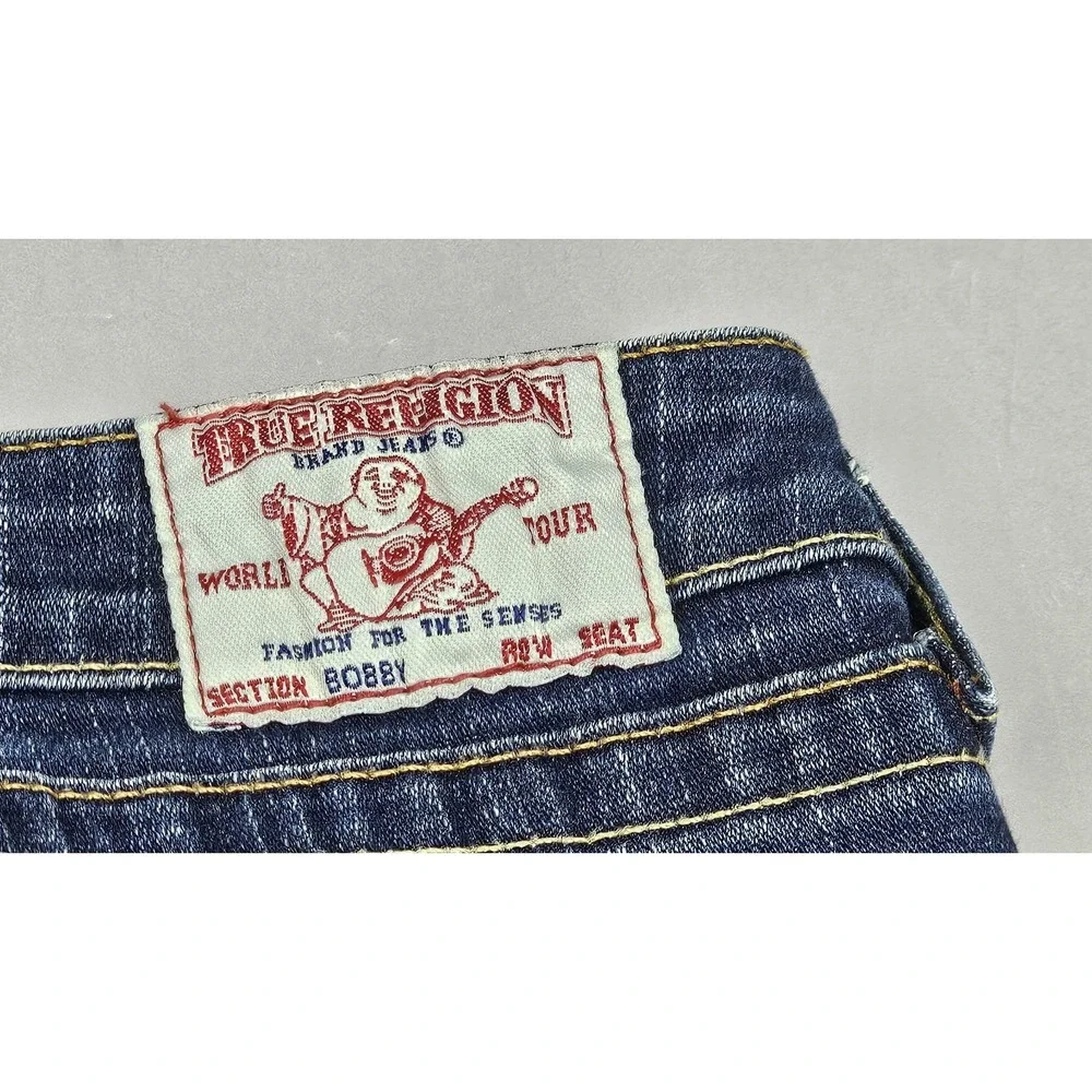True Religion Cut-Off Bobby Shorts Mens 32 Blue Acid Wash Dark Denim Y2K